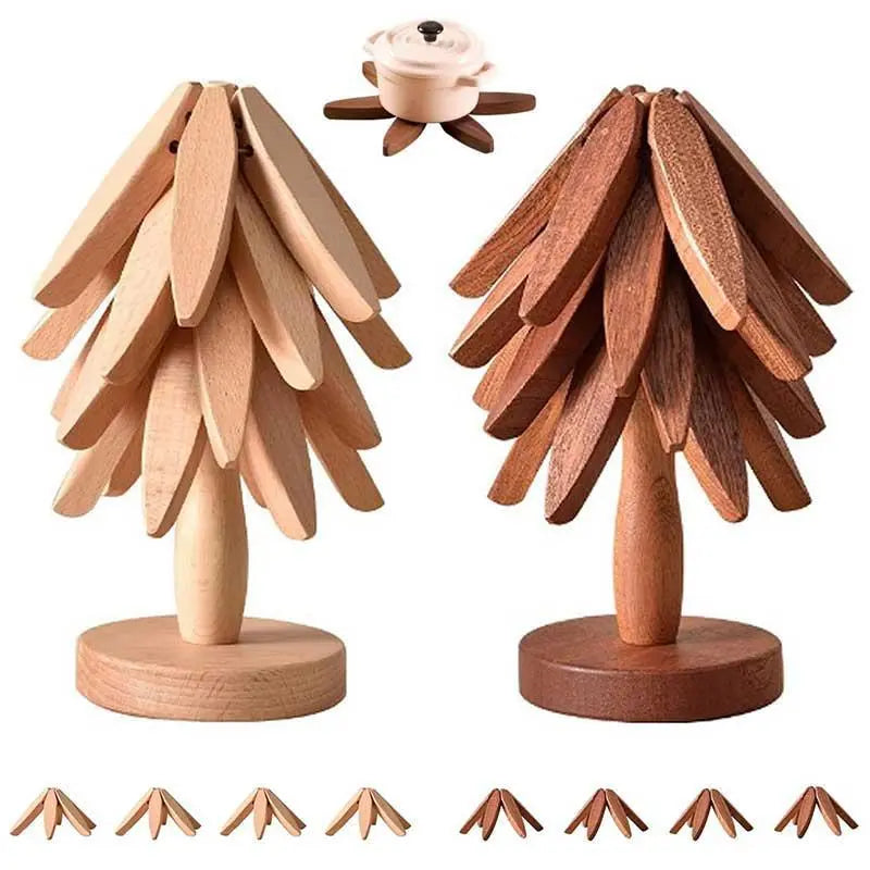 Natural Foldable Black Walnut Wooden Trivet Set, Heat-Resistant Tree Design with 4 Trivets & Stand, Wood Coasters for Hot Pots, Pans, Bowls, Kitchen Accessories Tableware Couple Gifts Birthday Tree-Shaped Tiktokshopspringglowup Iron