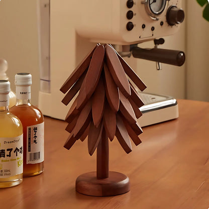 Natural Foldable Black Walnut Wooden Trivet Set, Heat-Resistant Tree Design with 4 Trivets & Stand, Wood Coasters for Hot Pots, Pans, Bowls, Kitchen Accessories Tableware Couple Gifts Birthday Tree-Shaped Tiktokshopspringglowup Iron
