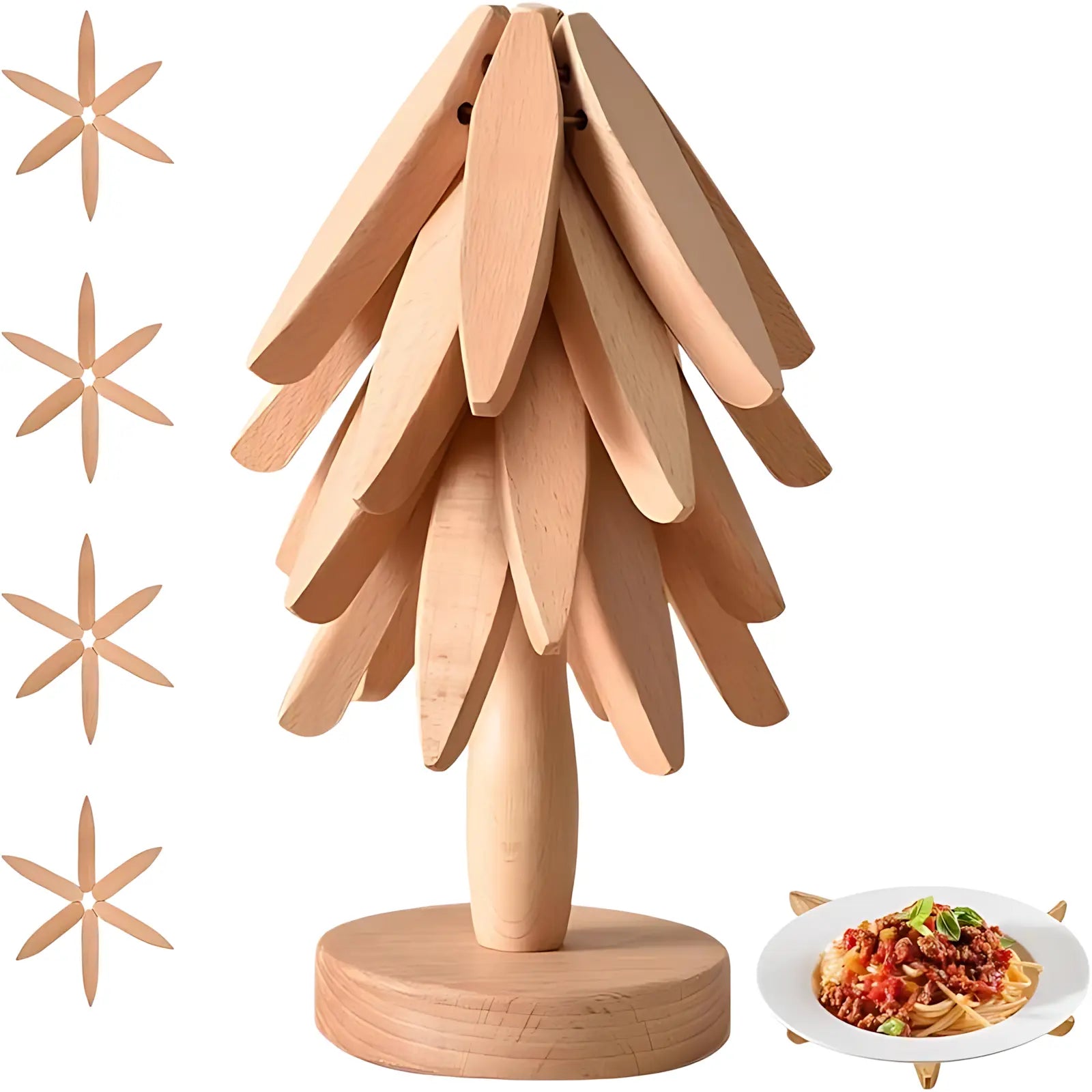 Natural Foldable Black Walnut Wooden Trivet Set, Heat-Resistant Tree Design with 4 Trivets & Stand, Wood Coasters for Hot Pots, Pans, Bowls, Kitchen Accessories Tableware Couple Gifts Birthday Tree-Shaped Tiktokshopspringglowup Iron