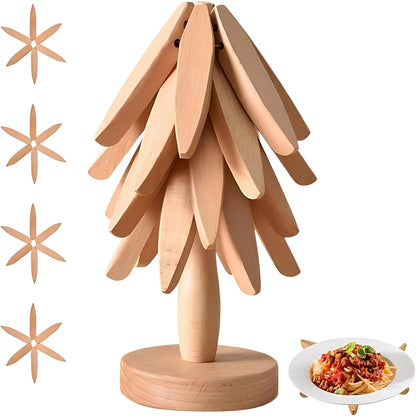 Natural Foldable Black Walnut Wooden Trivet Set, Heat-Resistant Tree Design with 4 Trivets & Stand, Wood Coasters for Hot Pots, Pans, Bowls, Kitchen Accessories Tableware Couple Gifts Birthday Tree-Shaped Tiktokshopspringglowup Iron