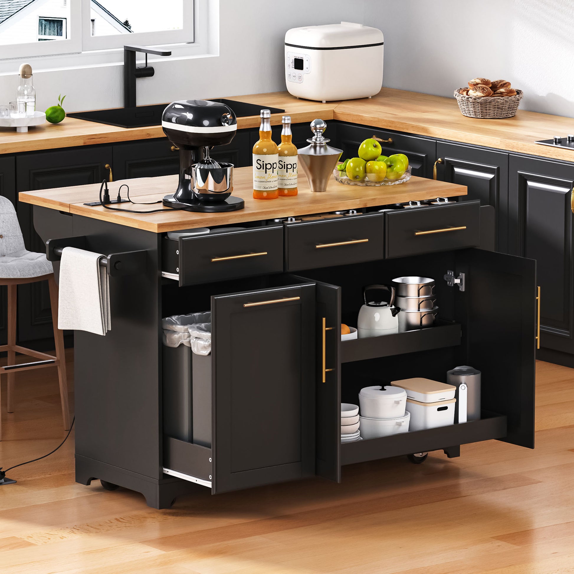 K&K 59.3 Kitchen Island with Storage 2 Pull Out Cabinet Organizers & Rubber Wood Drop Leaf, Rolling Kitchen Island with Trash Can Storage, Power Outlet, Spice & Towel Rack for Kitchen, Dining, Black