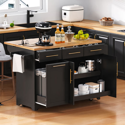 K&K 59.3 Kitchen Island with Storage 2 Pull Out Cabinet Organizers & Rubber Wood Drop Leaf, Rolling Kitchen Island with Trash Can Storage, Power Outlet, Spice & Towel Rack for Kitchen, Dining, Black