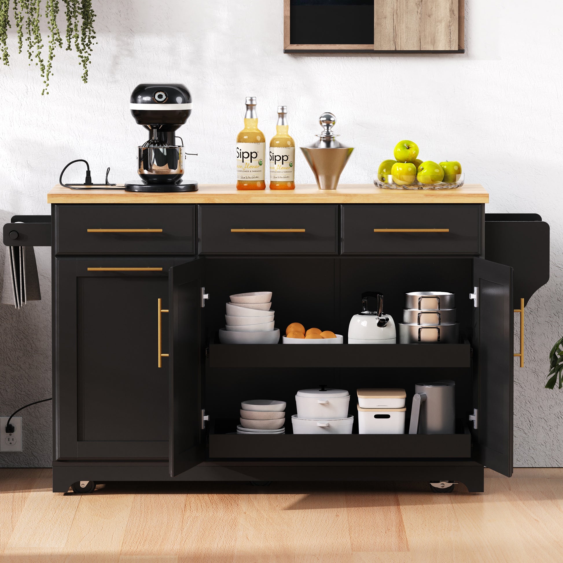 K&K 59.3 Kitchen Island with Storage 2 Pull Out Cabinet Organizers & Rubber Wood Drop Leaf, Rolling Kitchen Island with Trash Can Storage, Power Outlet, Spice & Towel Rack for Kitchen, Dining, Black