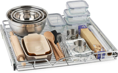 Pull Out Cabinet Organizer, Heavy Duty Caddy W/Lifetime Limited Warranty -20”W X 21”D - Requires at Least 21-1/4” Cabinet Opening, Steel Metal Cabinet Drawers Slide Out, Chrome