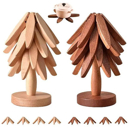 Natural Foldable Black Walnut Wooden Trivet Set, Heat-Resistant Tree Design with 4 Trivets & Stand, Wood Coasters for Hot Pots, Pans, Bowls, Kitchen Accessories Tableware Couple Gifts Birthday Tree-Shaped Tiktokshopspringglowup Iron