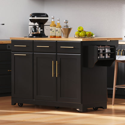 K&K 59.3 Kitchen Island with Storage 2 Pull Out Cabinet Organizers & Rubber Wood Drop Leaf, Rolling Kitchen Island with Trash Can Storage, Power Outlet, Spice & Towel Rack for Kitchen, Dining, Black