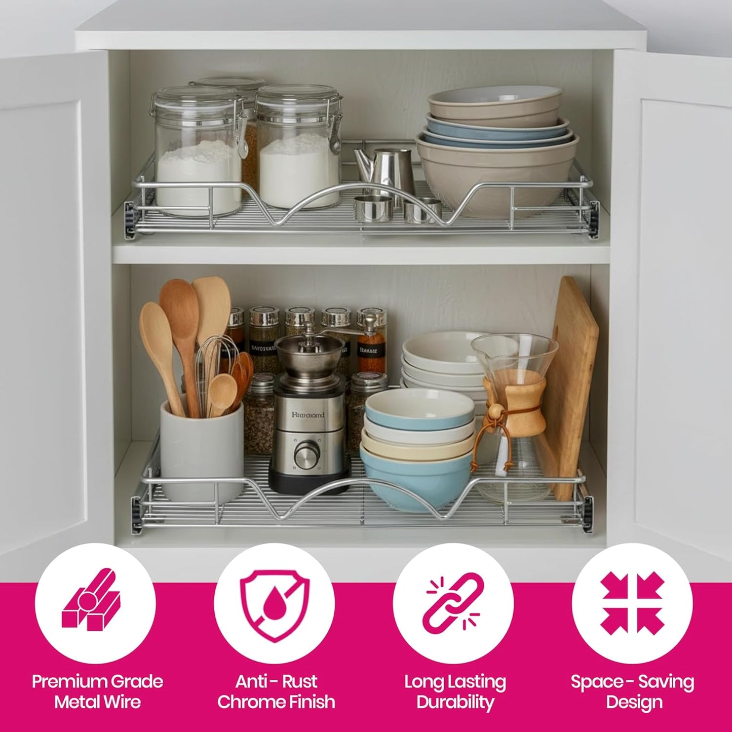Pull Out Cabinet Organizer, Heavy Duty Caddy W/Lifetime Limited Warranty -20”W X 21”D - Requires at Least 21-1/4” Cabinet Opening, Steel Metal Cabinet Drawers Slide Out, Chrome