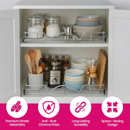Pull Out Cabinet Organizer, Heavy Duty Caddy W/Lifetime Limited Warranty -20”W X 21”D - Requires at Least 21-1/4” Cabinet Opening, Steel Metal Cabinet Drawers Slide Out, Chrome