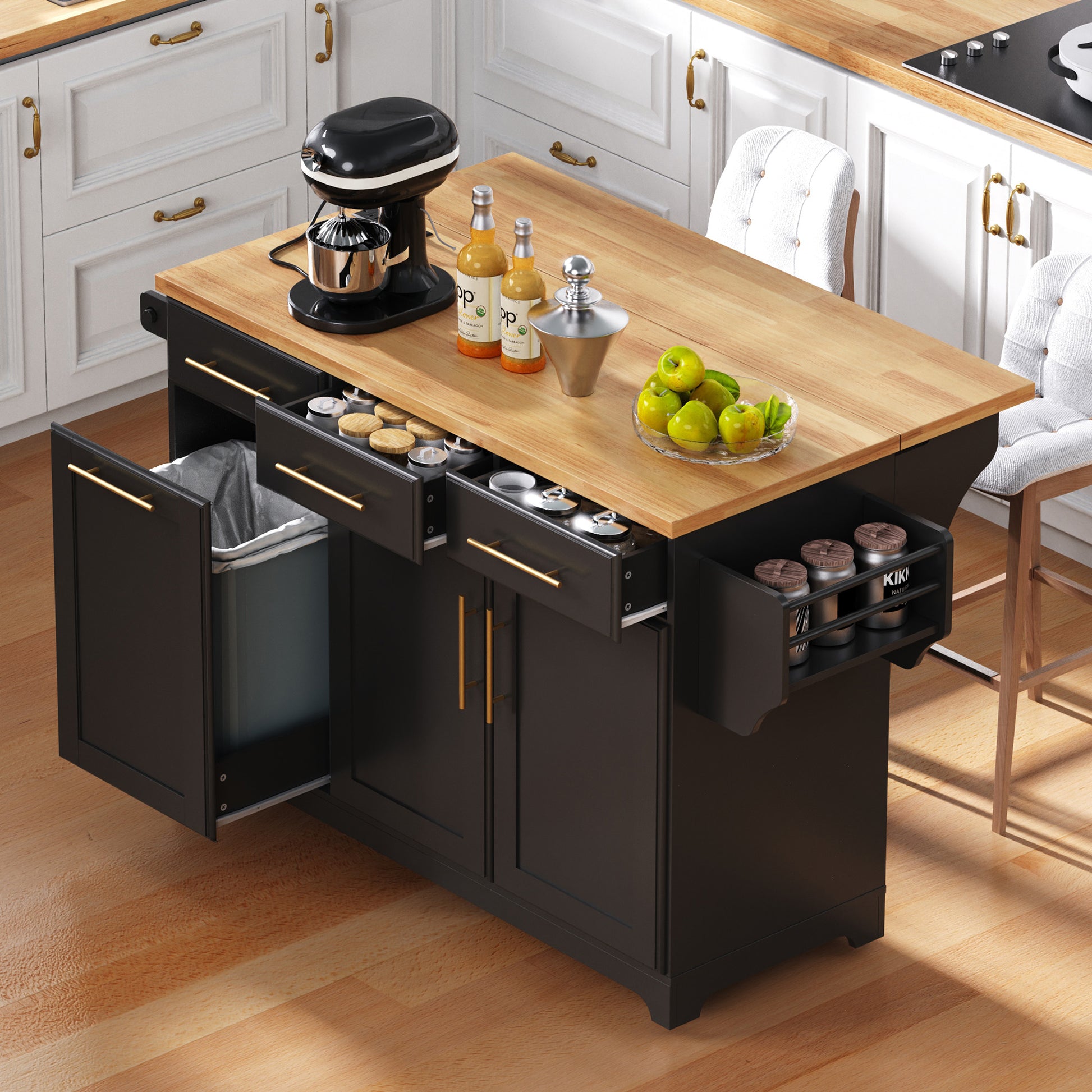 K&K 59.3 Kitchen Island with Storage 2 Pull Out Cabinet Organizers & Rubber Wood Drop Leaf, Rolling Kitchen Island with Trash Can Storage, Power Outlet, Spice & Towel Rack for Kitchen, Dining, Black