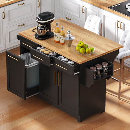 K&K 59.3 Kitchen Island with Storage 2 Pull Out Cabinet Organizers & Rubber Wood Drop Leaf, Rolling Kitchen Island with Trash Can Storage, Power Outlet, Spice & Towel Rack for Kitchen, Dining, Black