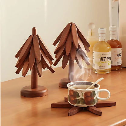 Natural Foldable Black Walnut Wooden Trivet Set, Heat-Resistant Tree Design with 4 Trivets & Stand, Wood Coasters for Hot Pots, Pans, Bowls, Kitchen Accessories Tableware Couple Gifts Birthday Tree-Shaped Tiktokshopspringglowup Iron