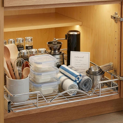 Pull Out Cabinet Organizer, Heavy Duty Caddy W/Lifetime Limited Warranty -20”W X 21”D - Requires at Least 21-1/4” Cabinet Opening, Steel Metal Cabinet Drawers Slide Out, Chrome