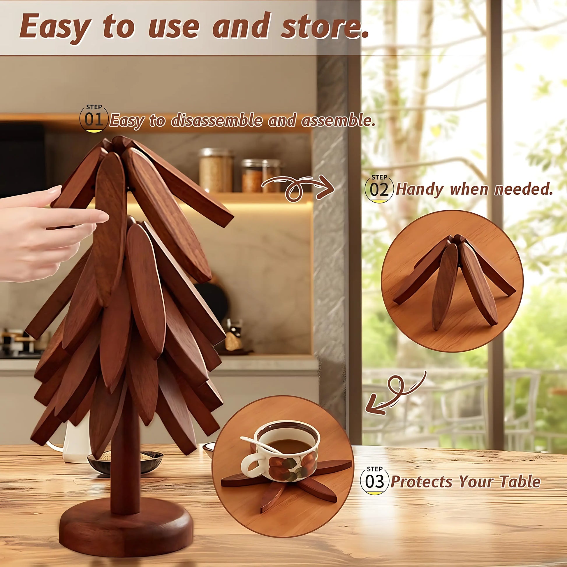 Natural Foldable Black Walnut Wooden Trivet Set, Heat-Resistant Tree Design with 4 Trivets & Stand, Wood Coasters for Hot Pots, Pans, Bowls, Kitchen Accessories Tableware Couple Gifts Birthday Tree-Shaped Tiktokshopspringglowup Iron