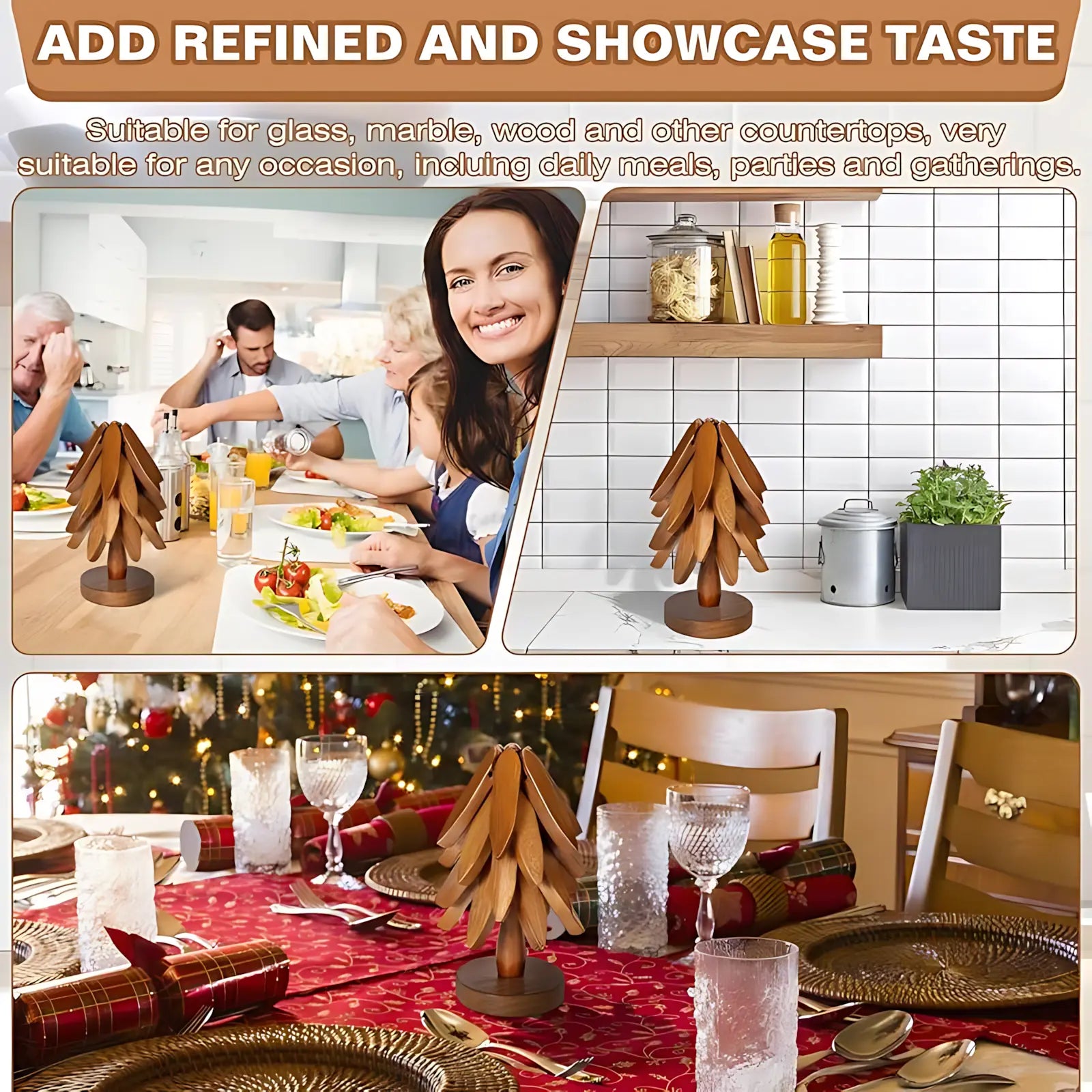 Natural Foldable Black Walnut Wooden Trivet Set, Heat-Resistant Tree Design with 4 Trivets & Stand, Wood Coasters for Hot Pots, Pans, Bowls, Kitchen Accessories Tableware Couple Gifts Birthday Tree-Shaped Tiktokshopspringglowup Iron