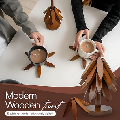 Natural Foldable Black Walnut Wooden Trivet Set, Heat-Resistant Tree Design with 4 Trivets & Stand, Wood Coasters for Hot Pots, Pans, Bowls, Kitchen Accessories Tableware Couple Gifts Birthday Tree-Shaped Tiktokshopspringglowup Iron