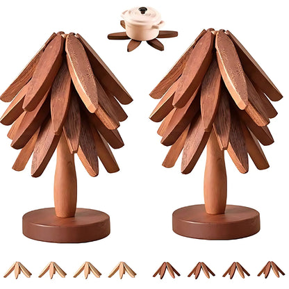 Natural Foldable Black Walnut Wooden Trivet Set, Heat-Resistant Tree Design with 4 Trivets & Stand, Wood Coasters for Hot Pots, Pans, Bowls, Kitchen Accessories Tableware Couple Gifts Birthday Tree-Shaped Tiktokshopspringglowup Iron