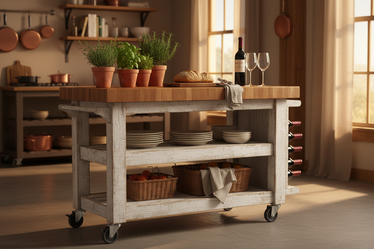 Rolling kitchen island cart styled with herbs and wine glasses, warm kitchen lifestyle