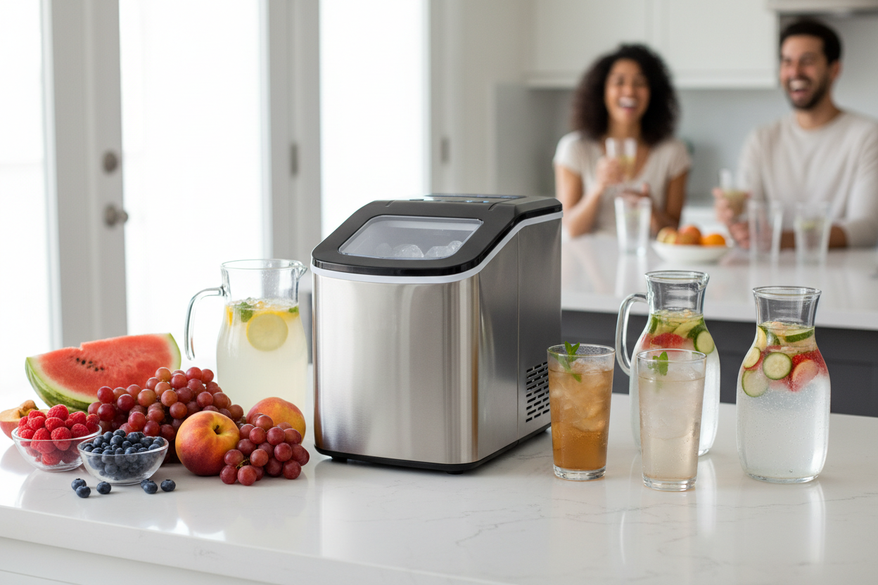 Countertop ice maker with summer drinks and fresh fruit, bright kitchen lifestyle
