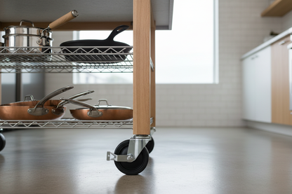 Kitchen island cart detail showing lockable wheels and organized shelving