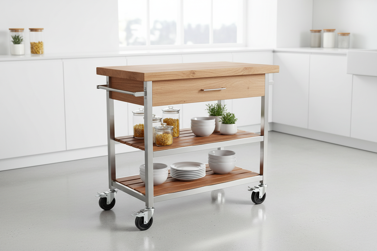 Rolling Kitchen Island Cart with Butcher Block Top and Lockable Wheels