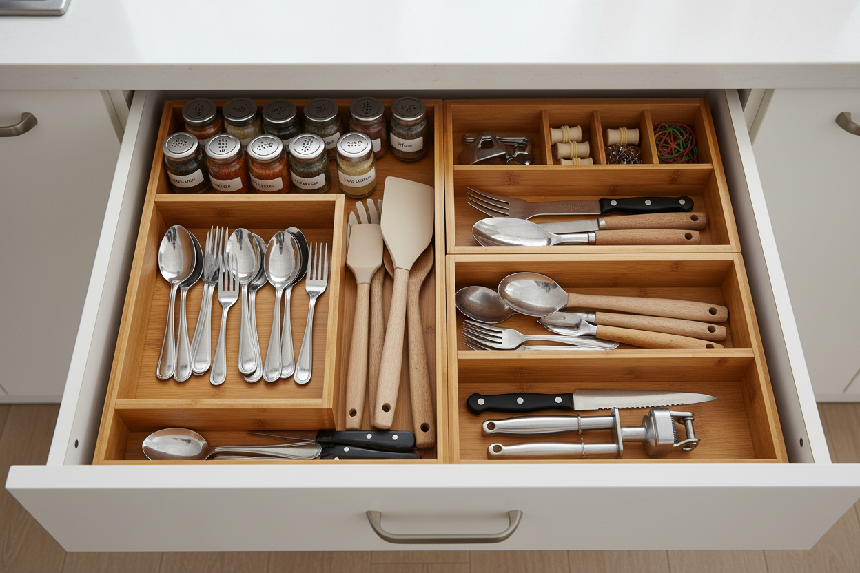 Bamboo drawer organizer set neatly organizing a kitchen drawer